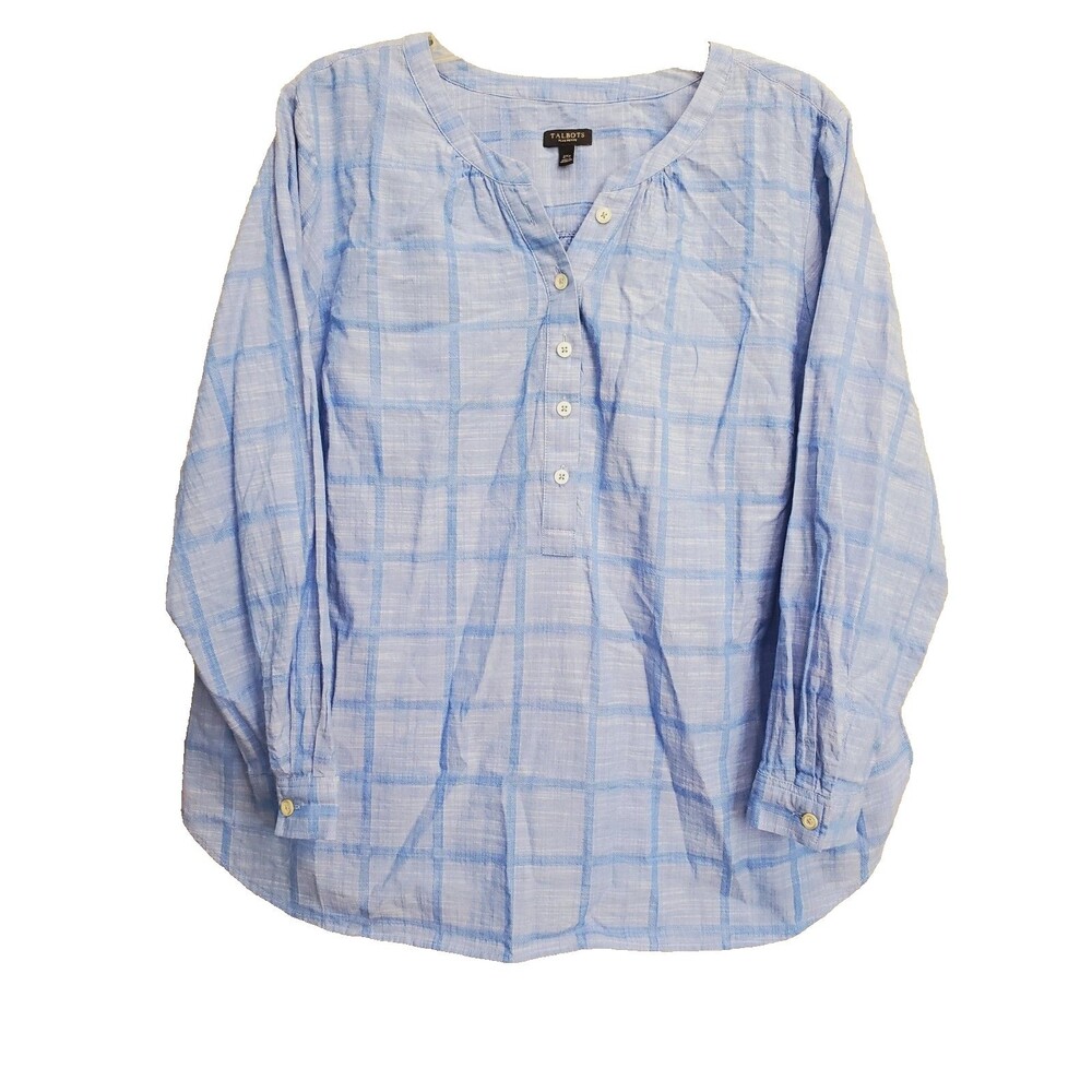 Talbots Plus Petite Cotton Blue Plaid Henley Popover Top Size 2XP